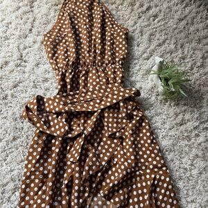 Tan and Brown Asymmetrical Ruffled Sundress Halter Neck